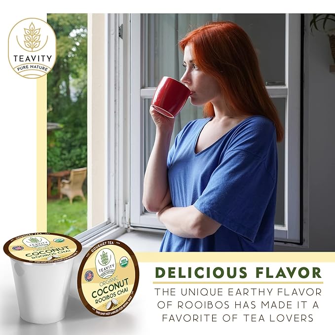 Coconut Rooibos Chai Tea Pods for Keurig - Organic Ginger Tea, Rooibos, Cinnamon, Cardamom, Coconut & Chai by Teavity (12 Tea Pods) - Bloomnest