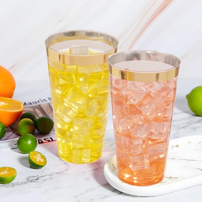I00000 16 oz Gold Plastic Cups, 100 Pack Clear Plastic Cups Tumblers Gold Rimmed Cup, Heavy-duty Disposable Cup Perfect for Halloween, Thanksgiving and Christmas Parties - Bloomnest