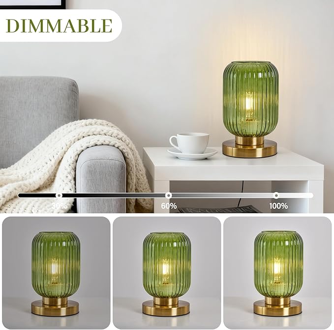 Mid Century Modern Table Lamp: Vintage Green Ribbed Glass Globe Dimmable Plug in Small Bedside Lamps - Cute Brass Gold Side Table Lamp Nightstand Light for Bedroom Entryway Office Desk Living Room - Bloomnest