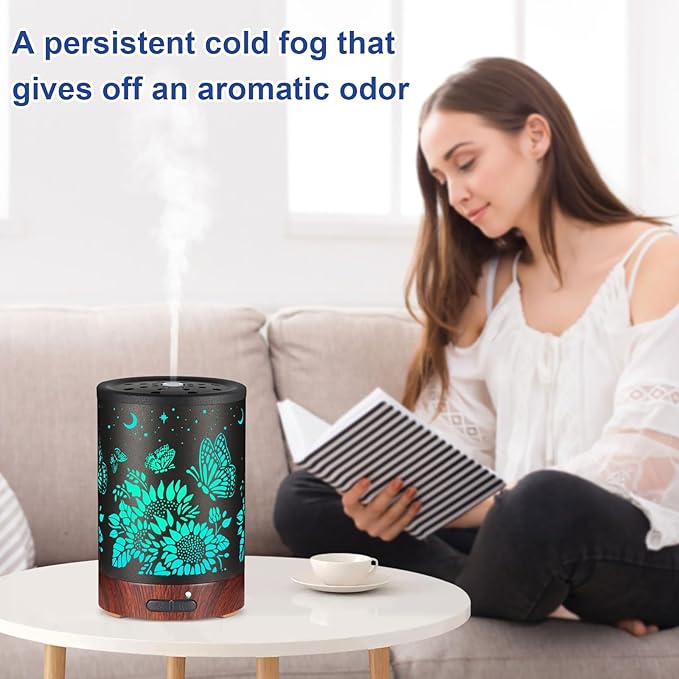 Essential Oil Diffuser- Aromatherapy Diffuser with7 Colors Light and Auto-Off for Women Metal Cool Mist Humidifier for Home and Office for Mom Women（Sunflower + Butterfly） - Bloomnest