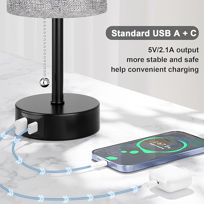 Grey Bedside Lamp for Bedroom Nightstand - Small Table Lamp with USB A + C Charging Port, 3 Color Temperatures Pull Chain Night Stand Light with Bulb, Side Table Desk Reading Lamp for Living Room/Dorm - Bloomnest