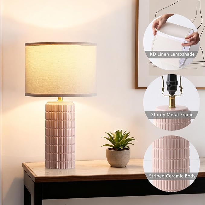 Modern Ceramic Table Lamp Set of 2, Bedside Lamp for Bedroom Decor, Nightstand Lamp with 3 Color Temperatures, Desk Light for Living Room Dorm Office, Pink - Bloomnest