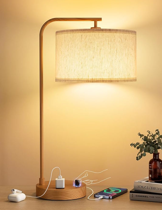 Innqoo Wood Tall Table Lamp with USB Port and Outlet, Dimmable Nightstand Bedside Lamps with Linen Lampshade, Desk Lamp for Bedroom, Living Room, Guest Room, Home Office, LED Bulb Included - Bloomnest