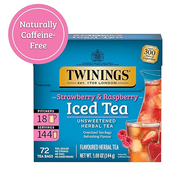 Twinings Strawberry & Raspberry Herbal Iced Tea, 72 Oversized Tea Bags, Makes 18 Pitchers or 144 Servings, Unsweetened, Naturally Caffeine-Free, 72 Count (Pack of 2) - Bloomnest