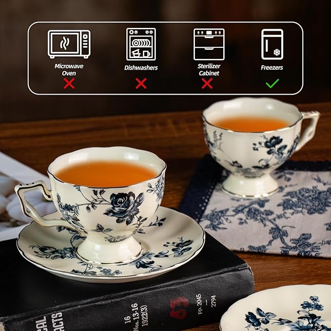 KAMMAK Tea Cups and Saucers Set of 2, Porcelain Coffee Cups, 6.8-Ounce Stackable Espresso Mugs, Ceramic Demitasse for Coffee, Latte, Americano, Tea, Blue Orchid - Bloomnest