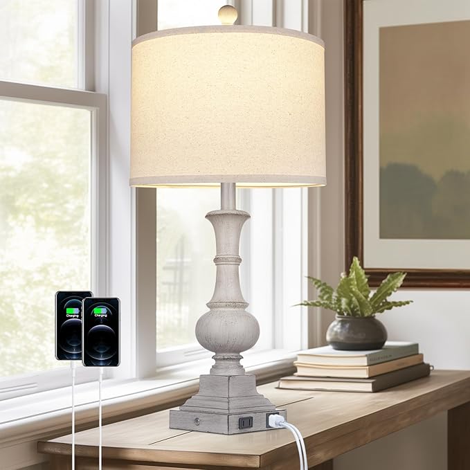 26" Farmhouse Lamp with 2 USB Ports & AC Outlet, Vintage Rustic Touch Control Bedside Lamp, Resin 3-Way Dimmable Nightstand Lamp Fabric Shade for Living Room Bedroom Decor Gray(LED Bulb Included) - Bloomnest
