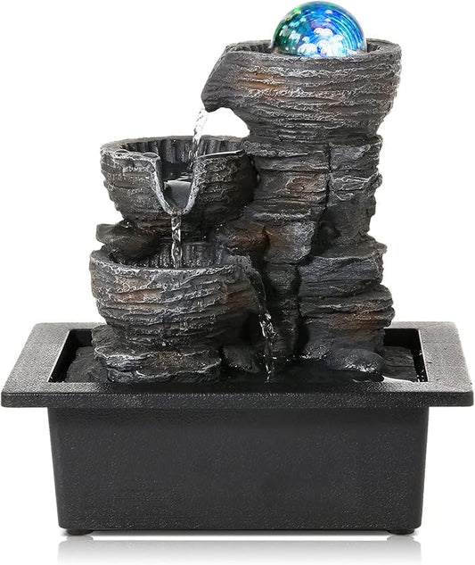 Dyna-Living Water Fountains Indoor Tabletop Fountain with Pump Waterfall Fountain Indoor Coloured LED Lights Desk Water Fountains for Home Office Decor Style 1