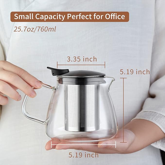 Glass Teapot Tea Pot with Removable Stainless Steel Infuser, 25oz / 760ml Borosilicate Glass Tea Kettle for Office Work, Fine Strainer for Loose Leaf Tea - Bloomnest