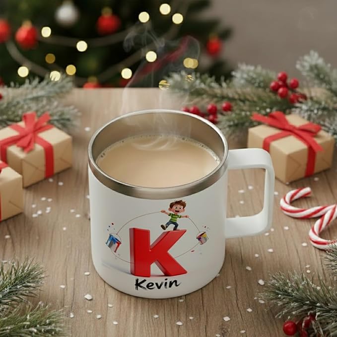 Personalized Kids Mug for Boys with Custom Name, Fun Paint Splash Initial Cup - 14oz Insulated Stainless Steel Tumbler with Handle & Lid, Creative Christmas Stocking Stuffer & Birthday Gift (B67) - Bloomnest