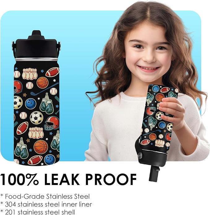 Sports Gifts for Kids - 16 Oz Water Bottle with Straw Lid, Stainless Steel Insulated Tumbler, Leak Proof, BPA-Free, for Boys Girls, School, Travel - Sports Lovers Children Birthday Gifts Cups (1pc) - Bloomnest