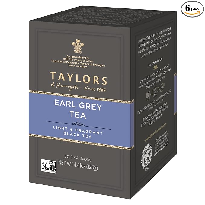 Taylors of Harrogate Earl Grey, Black Tea, Pillow Bags, 50 Count (Pack of 6), Fragrant, Delicate & Light, Caffeinated, Enjoy Hot or Iced, 300 Teabags Total - Bloomnest
