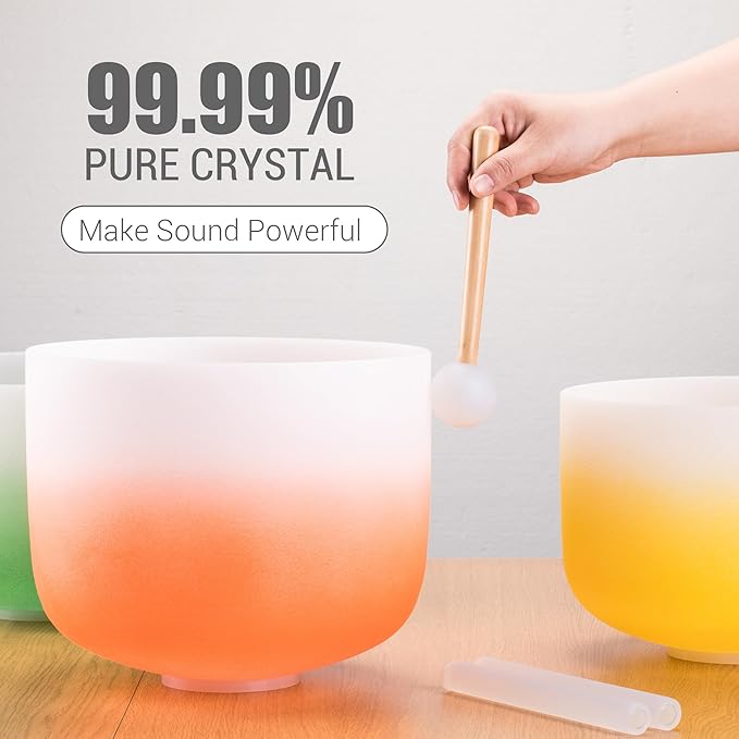 432HZ 7PCS Set Of 6-12 Inch Aria Gradient Design Frosted Quartz Crystal Singing Bowls With 2 PCS Travel Carry Case Bag