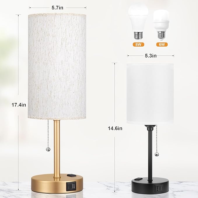 Dicoool Gold Bedside Table Lamp for Bedroom, 17Inch Tall Nightstand Lamp with USB C & A Ports & AC Outlet, 3 Color Temperatures Pull Chain Side Table Lamp for Living Room/Kitchen/Dorm/Office - Bloomnest