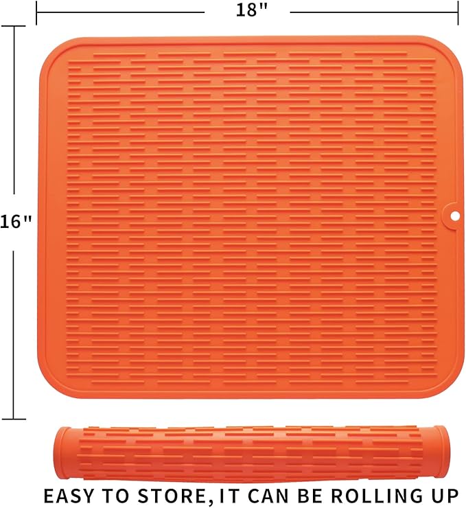 Silicone Dish Drying Mat for Multiple Usage,Easy clean,Eco-friendly,Heat-resistant Silicone Mat for Kitchen Counter or Sink,Refrigerator or Drawer Liner Orange XL 18 inches x 16 inches - Bloomnest