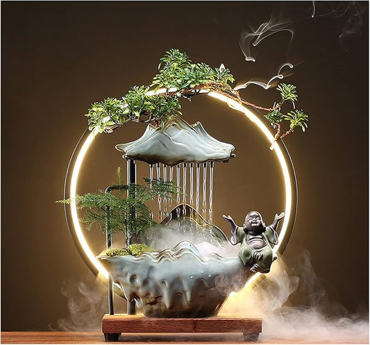 Tabletop Buddha Water Fountains Indoor Water Fall with LED Light Zen Decor for Meditation with Mist Japanese Decor with Fake Plants Feng Shui Decor for Good Luck Wealth - Bloomnest