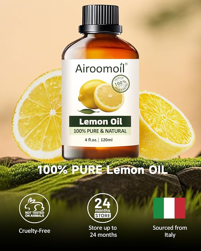 Lemon Essential Oil 4 fl oz (120ml), Large Size for Cleaning, Diffuser & DIY, Aromatherapy, Light Fresh Citrus Scent, No Added Fragrance, Daily-Use Essential Oil for Home & Crafts Airoomoil