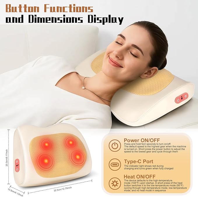 Shiatsu Back and Neck Massager with Heat,Cordless Portable 3D Electric Massage Pillow,Deep Tissue Massage for Neck,Shoulder,Leg,Back Pain Relief,Use for Home,Car,Office,Travel,Gifts for Dad,Mom - Bloomnest