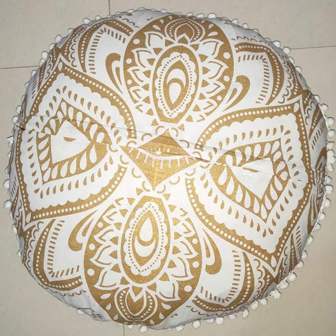 24" White Gold Flower Mandala Barmeri Large Floor Pillow Cover Cushion Meditation Seating Ottoman Throw Cover Hippie Decorative Zipped Bohemian Pouf Ottoman Pom Pom Cases ( 24 " round) - Bloomnest
