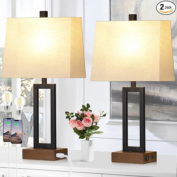 23.5" Table Lamps Set of 2, Modern Black Bedside Lamps with 2 USB Ports & AC Outlet, Contemporary Nightstand Lamps with Wood Base for Bedroom Living Room(LED Bulb Included) - Bloomnest