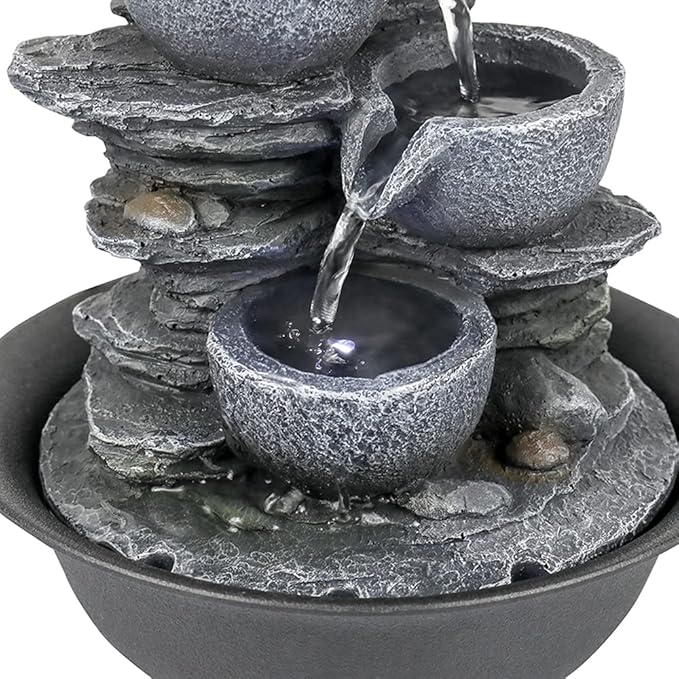 10.6” High Cascading Tabletop Fountain w/LED Light - 4-Tier Bowls Rock Water Fountains Indoor Small Relaxation Waterfall Feature for Home, Office and End Table Decoration (10.6" high, Gray) - Bloomnest