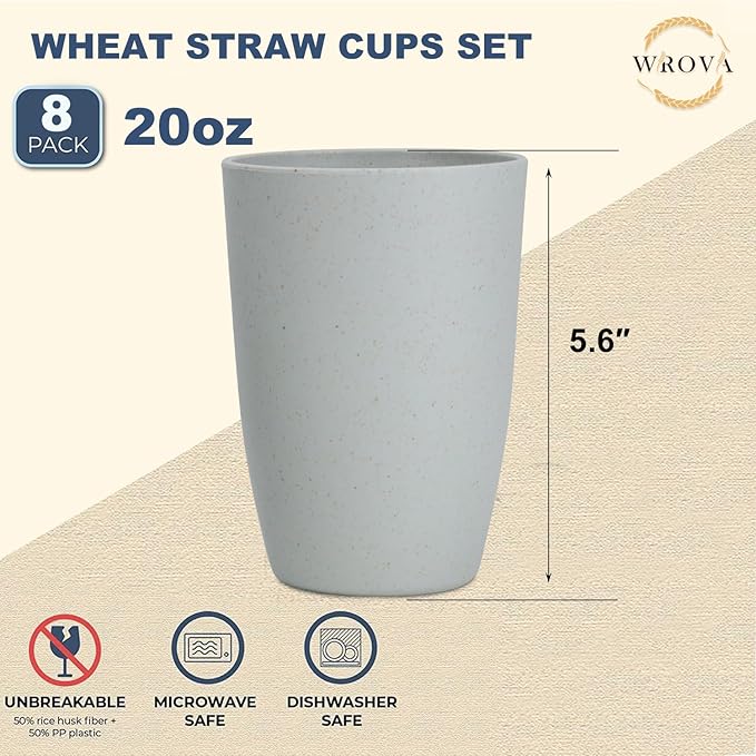 Wheat Straw Cups 8 PCS Good Alternative to Plastic Reusable Cups 20 oz Unbreakable Drinking Cup Reusable Dishwasher Safe Water Plastic Glasses Light Grey - Bloomnest