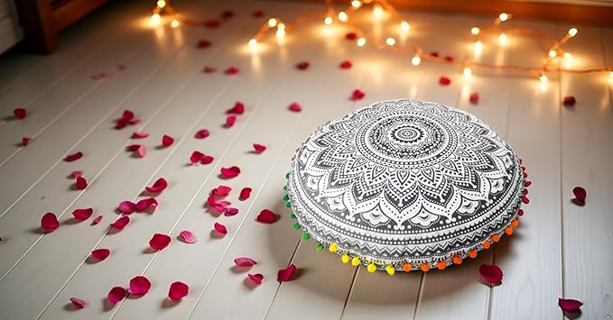 CRAFT KALA Boho Large Floor Pillow Pouf Cover Mandala Meditation Room Pillow Cover for Adults Round Bohemian Seating Pouf Cushion Cover for Kids Playroom 22" Grey Ombre - Bloomnest