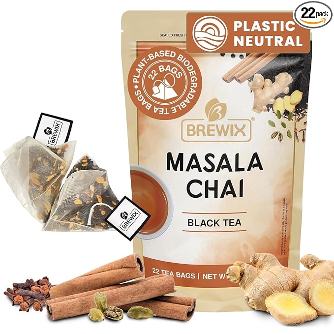 BREWIX, Masala Chai Tea Bags (22 Pyramid Tea Bags) Strong, Robust & Spicy - Pure Ingredients | Black Tea, Cinnamon, Ginger, Black Pepper, Cardamom & Cloves, Packed in Resealable Ziplock Pouch - Bloomnest