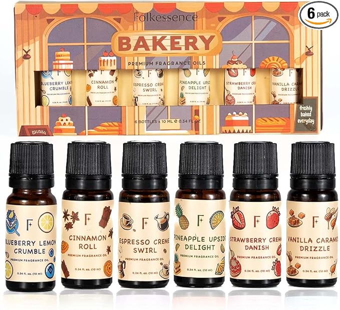 Folkulture Essential Oils for Home | Set of 6 (0.34 fl oz x 6) Bakery Diffuser Oil for Relaxation | Blueberry, Strawberry, Vanilla Essential Oil for Meditation | Pineapple Essential Oil for Women - Bloomnest