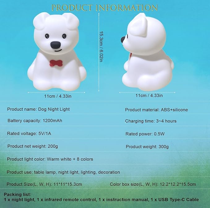 Large Size Dog Night Light for Kids, Nightlights for Children, Cute Puppy Animal Lamp 9 Colors Changing for Room Soft Light for Girls Boys Student Teen Woman Elder Holiday Gift - Large - Bloomnest