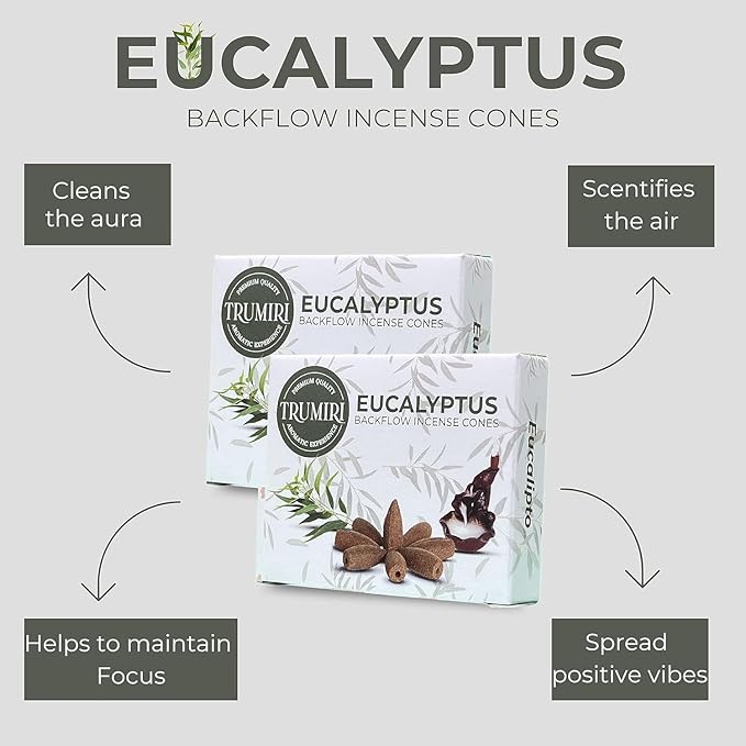 Eucalyptus Backflow Incense - 60 Cones, Six Packs of 10 - Waterfall Effect TRUMIRI