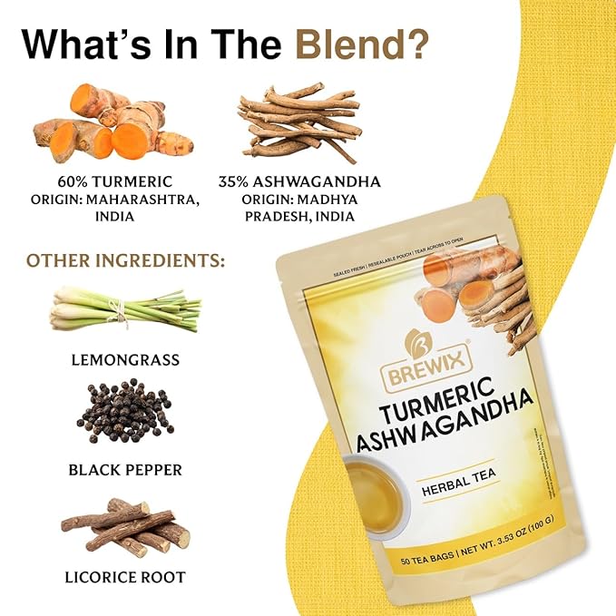 BREWIX, Turmeric Ashwagandha Herbal Tea (50 Pyramid Tea Bags) Adaptogenic Herbs for Stress & Mood Support | Evening Calm & Sleep Support | Real Ingredients From India, Caffeine Free & Naturally Gluten Free - Bloomnest
