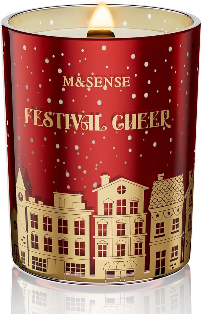M&SENSE Festival Cheer Christmas Candles, Large Soy Candles for Home Scented, 18oz 100 Hours Natural Clean Slow Burn, Cracking Wooden Wick Aromatherapy Gifts for Women Men, Warm Cozy Winter Decor - Bloomnest
