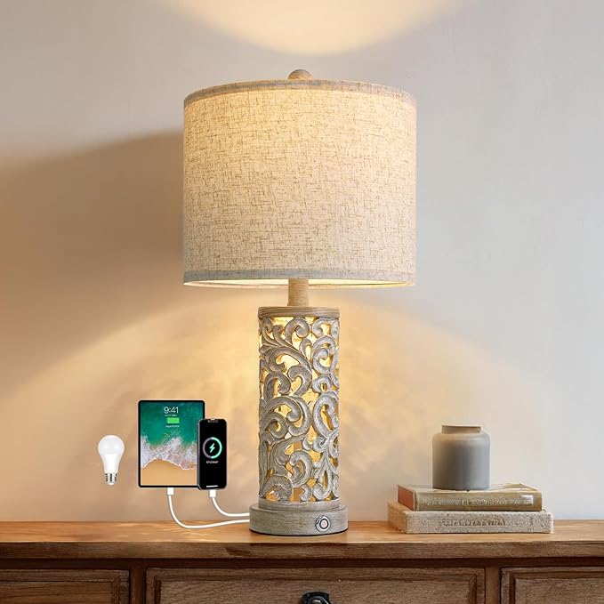 22" Farmhouse Table Lamp,Dual Light Touch Lamp with 3-Level Dimming,Lamps for Bedroom with USB A+C Charging Ports,Lamps for Living Room - Bloomnest