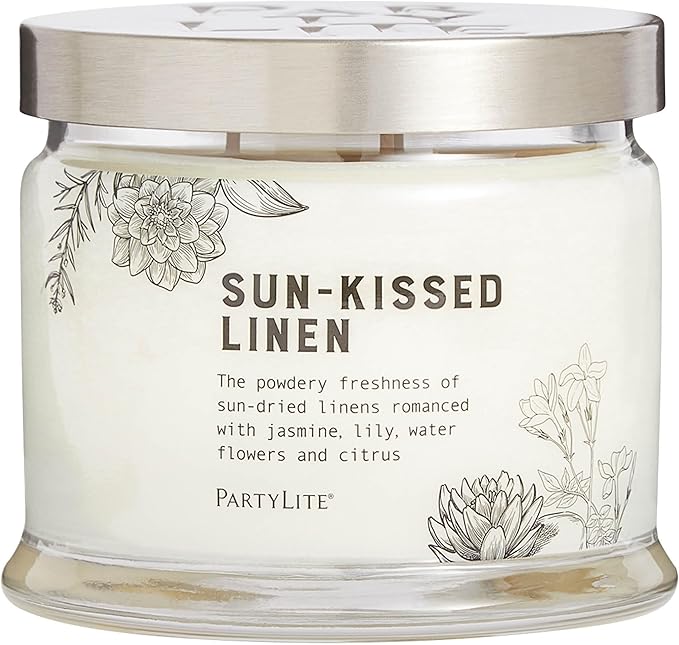 PartyLite Sun-Kissed Linen Scented, Notes of Jasmine Musk, Lily & Citrus, 13.2oz 3-Wick Jar Candle, 45 Hour Burn Time, Luxurious Fragrance, Ideal for Gifting - Bloomnest