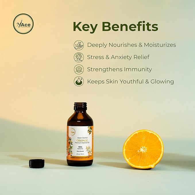 MyAce Orange Essential Oil – 100% Pure & Natural Cold-Pressed Sweet Orange Oil – 4 fl oz Amber Glass Bottle with Dropper – Aromatherapy, Diffuser, Candle & Soap Making, Skin & Hair Care