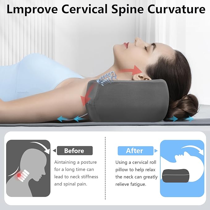 Cervical Neck Roll Pillow, Say Goodbye to Neck Pain, Travel Neck Support Pillow for Side Sleepers, Ergonomic Memory Foam Camping Pillow, Cervical Traction Device with Storage Bag - Bloomnest