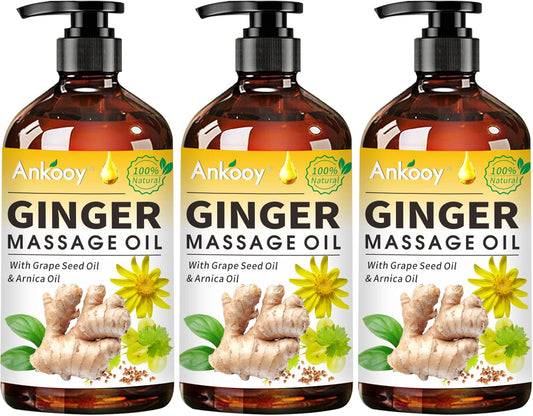 3 Pack Ginger Massage Oil with Arnica Oil,Vitamin E Oil and Grape Seed Oil,Ginger Oil for Lymphatic Drainage,100% Natural Ginger Essential Oil for Warming and Relaxing