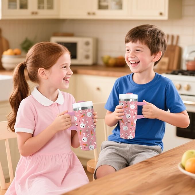 Rabbit Gifts for Kids - 14 Oz Pink Kids Tumbler with Handle and Straw, Stainless Steel Insulated Tumbler, Sweatproof, for Sports, School, Travel - Bunny Lovers Children Birthday Gifts Cups(1pc) - Bloomnest