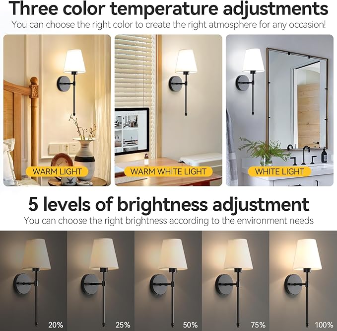 Wireless Wall Sconces Set of Two Battery Operated, Rechargeable Wall Lamp with 10000 mAh Dimmable Bulb & Remote, 10 Colors Wall Lights for Bedroom Living Room Hallway Wall Decor - Bloomnest