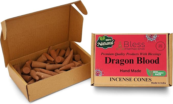 Bless-International Dragon Blood 100%-Natural-Incense-Cones Handmade-Hand-Dipped Organic-Chemicals-Free for-Purification-Relaxation-Positivity-Yoga-Meditation The-Best-scents (60 Count) BlessInternational