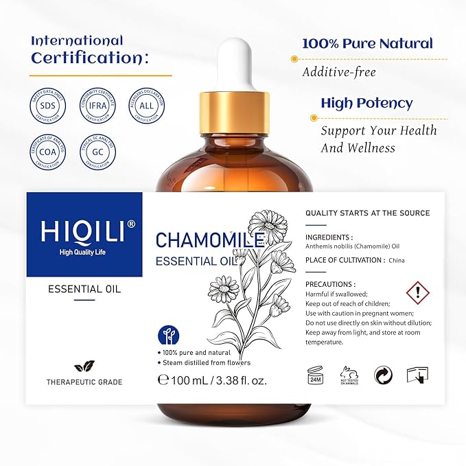 HIQILI 100ML Chamomile Essential Oil, Pure & Natural Chamomile Oil for Diffueser, Skin, Soap, Shampoo - 3.38 Fl Oz - Bloomnest