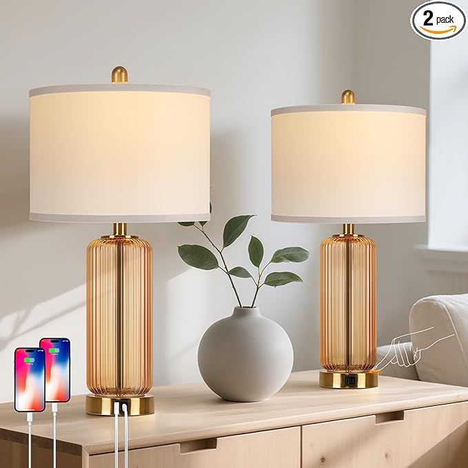 Table Lamps Set of 2 with Touch Control, 3-Way Dimmable Nightstand Lamp with Vertical Grained Glass, Bedside Table Lamps, 27" Modern Glass Bedside Lamps with USB A+C Ports, Brown Desk Lamp for Bedroom - Bloomnest