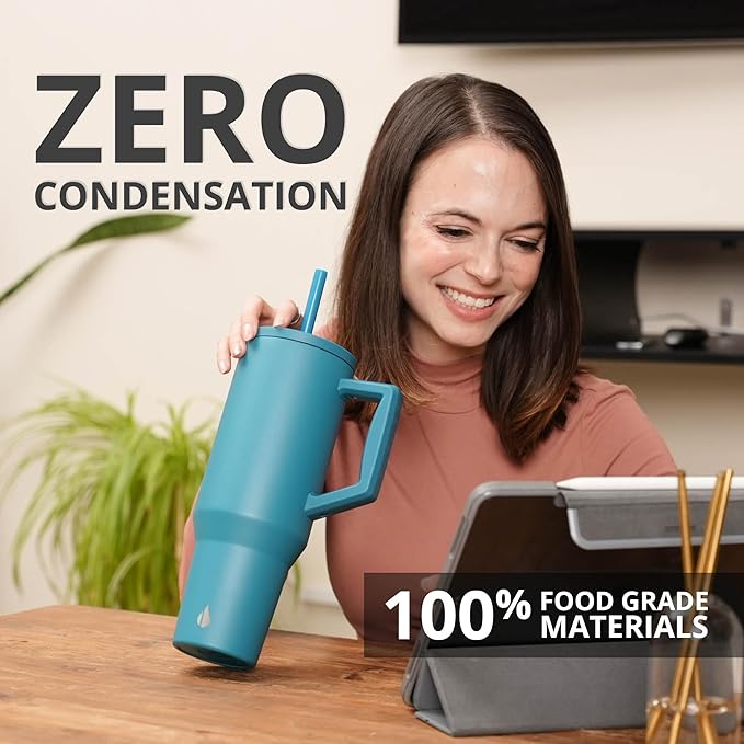 Elemental 40 oz Tumbler with Handle and Straw - Spill Proof Insulated Stainless Steel Commuter for Hot and Cold Beverages - Travel Coffee Mug with 2 Straws & Spill Proof Lid - 40oz - Teal - Bloomnest