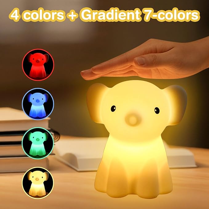 Cute Elephant Night Light for Kids, Adorable Room Decor for Boys Girls Birthday/Christmas Gifts, 5 Color, USB Rechargeable Silicone Night Lamp, Animal Lamp Gift, Safe Nursery Light for Toddlers - Bloomnest