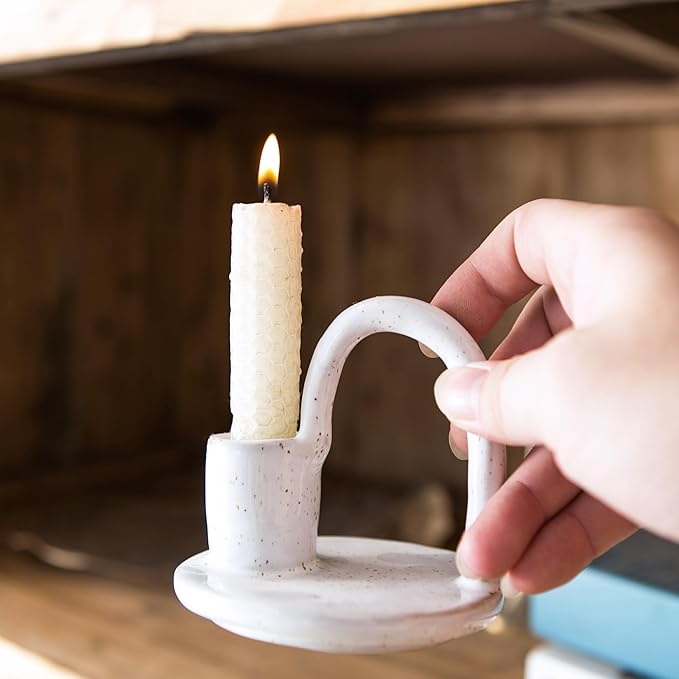 Candle Holder, Ceramic Candle Holder, Christamas Candlestick Holder, for Taper Candles, Vintage Home Decor - White Taper Holder with Handle and Spots - Rustic Style - Bloomnest