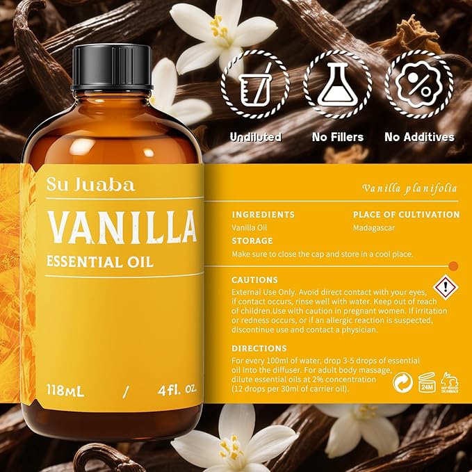 SU JUABA Vanilla Essential Oil 4 Fl Oz, 100% Natural Aromatherapy Oil for Diffuser, Skin,Fragrance Candle,Soap Making - 118ML Bloomnest