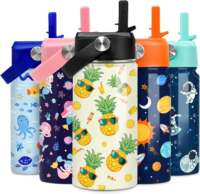 Kids Water Bottle Pineapple Water Bottles 12oz with Straw Insulated Stainless Steel Travel School Tumbler Double Wall Vacuum Cup for Girls Kid Boys - Bloomnest