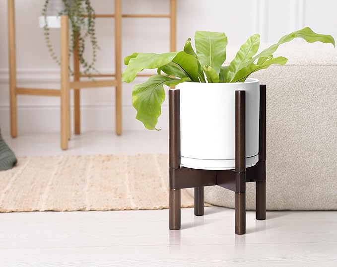 D'vine Dev Ceramic Planter with Walnut Color Stand - 8 Inch Modern Round Flower Pot with Wood Planter Holder, White, 55-B-Y-1 - Bloomnest