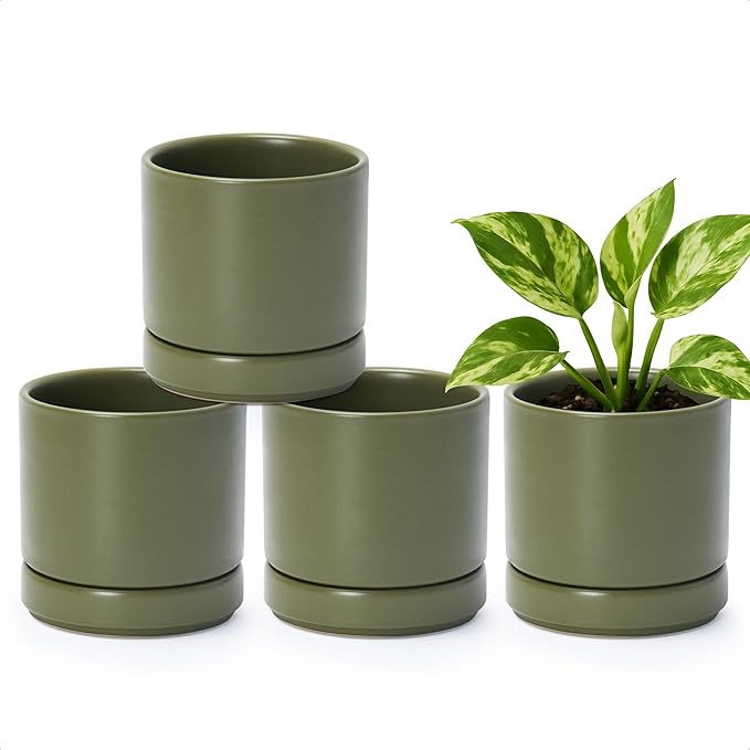 D'vine Dev Set of 4 Small Ceramic Plant Pots, 4.7 Inch Succulent Planter Pot for Plants with Drainage Hole and Saucer, Olive, 94-X-B-0 - Bloomnest