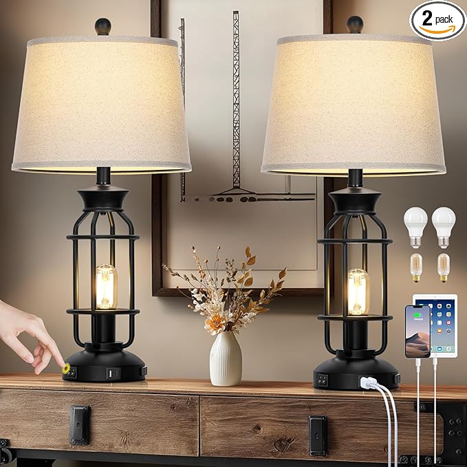 28" Vintage Table Lamps with USB C+A Ports & AC Outlet, Industrial Farmhouse Table Lamp Set of 2, Black Modern Nightstand Beside Lamps with 2 Night Light for Living Room Bedroom(4 LED Bulbs Included) - Bloomnest